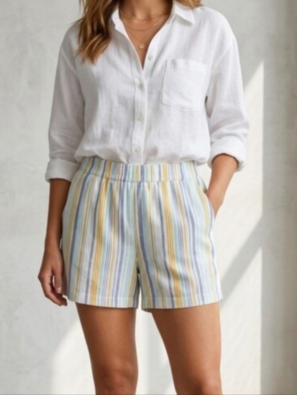 Linen Blend Striped Pull On Shorts With Pockets Size XL